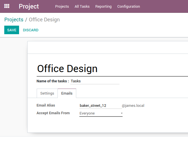 Odoo email alias on a project