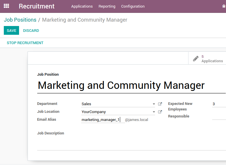 Odoo email alias on a job application