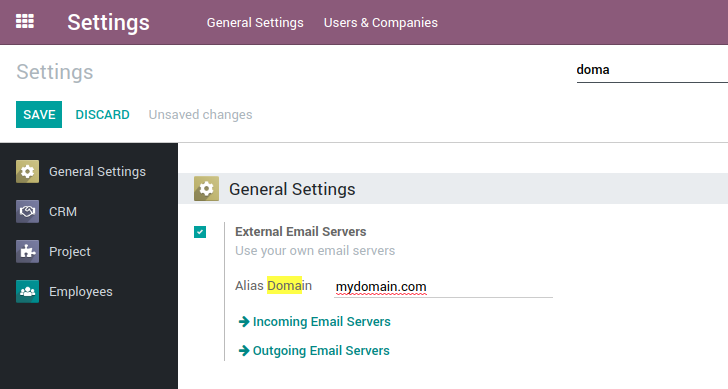Setting the odoo server email domain