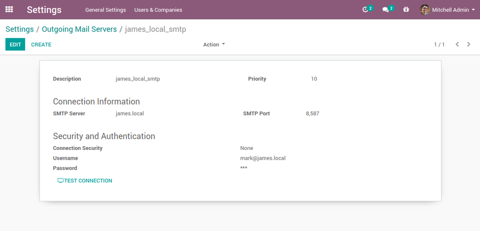 Setting the outgoing Odoo email